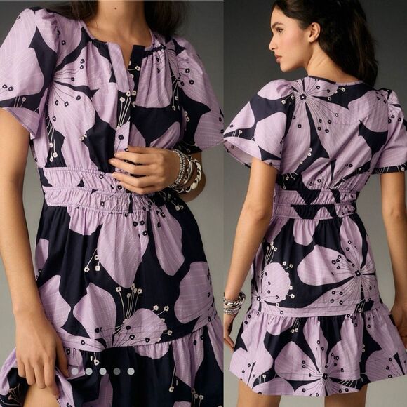 Anthropologie Size L Somerset Mini Dress Purple Floral Tiered Cotton - Picture 4 of 11